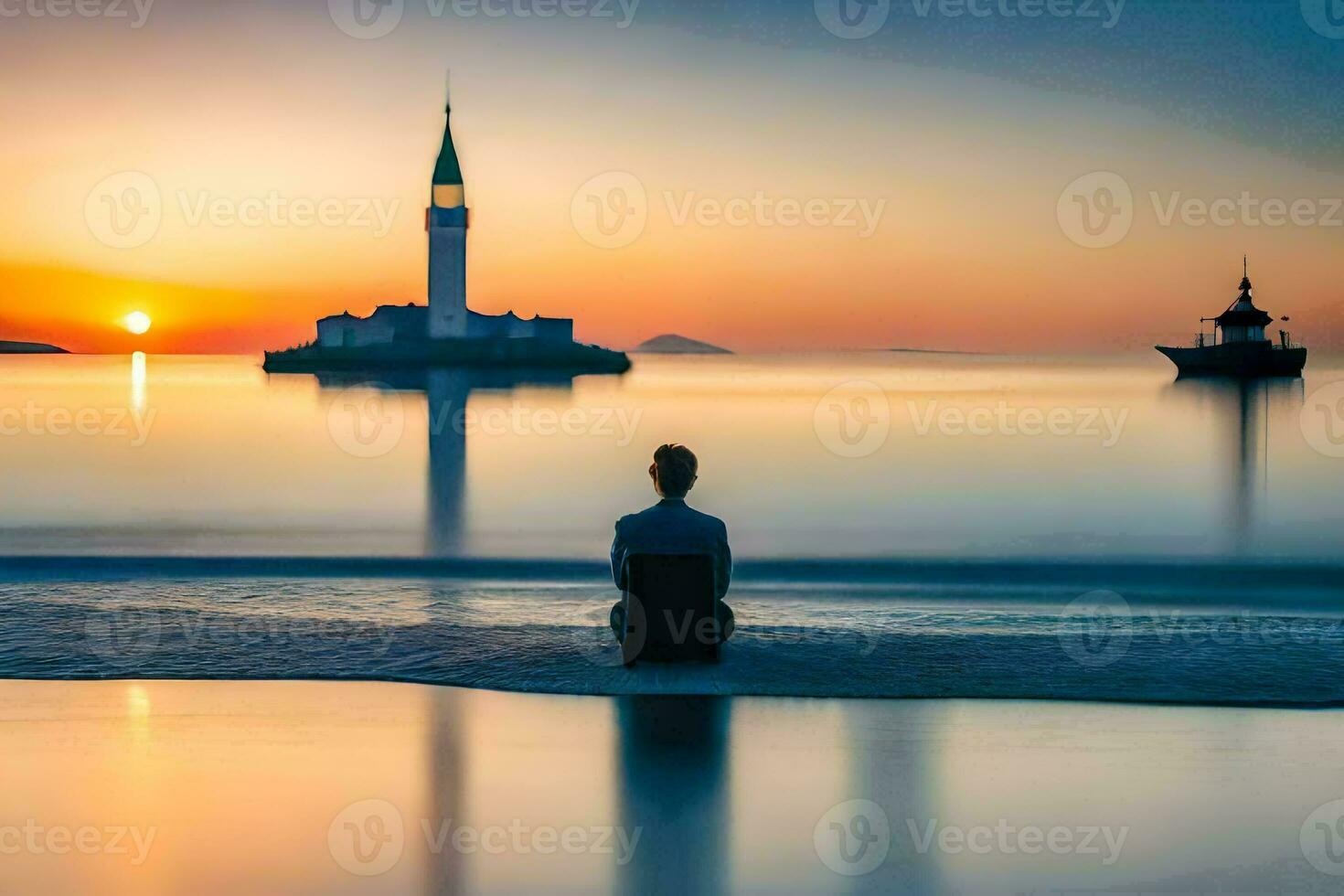 a man sitting on the beach at sunset with a lighthouse in the background. AI-Generated photo