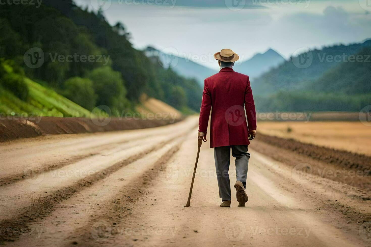 a man in a red coat and hat walking down a dirt road. AI-Generated photo