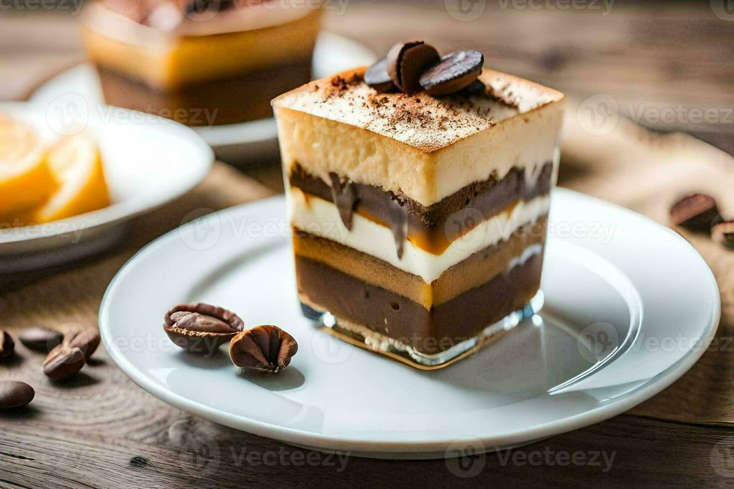 a dessert with coffee beans on a plate. AI-Generated photo