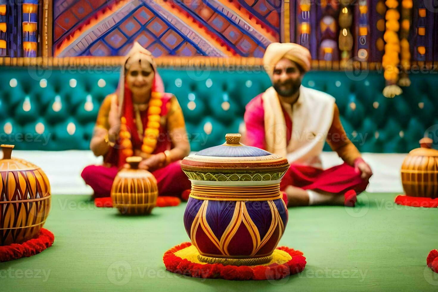 a couple in traditional indian attire sit on the floor with pots. AI-Generated photo