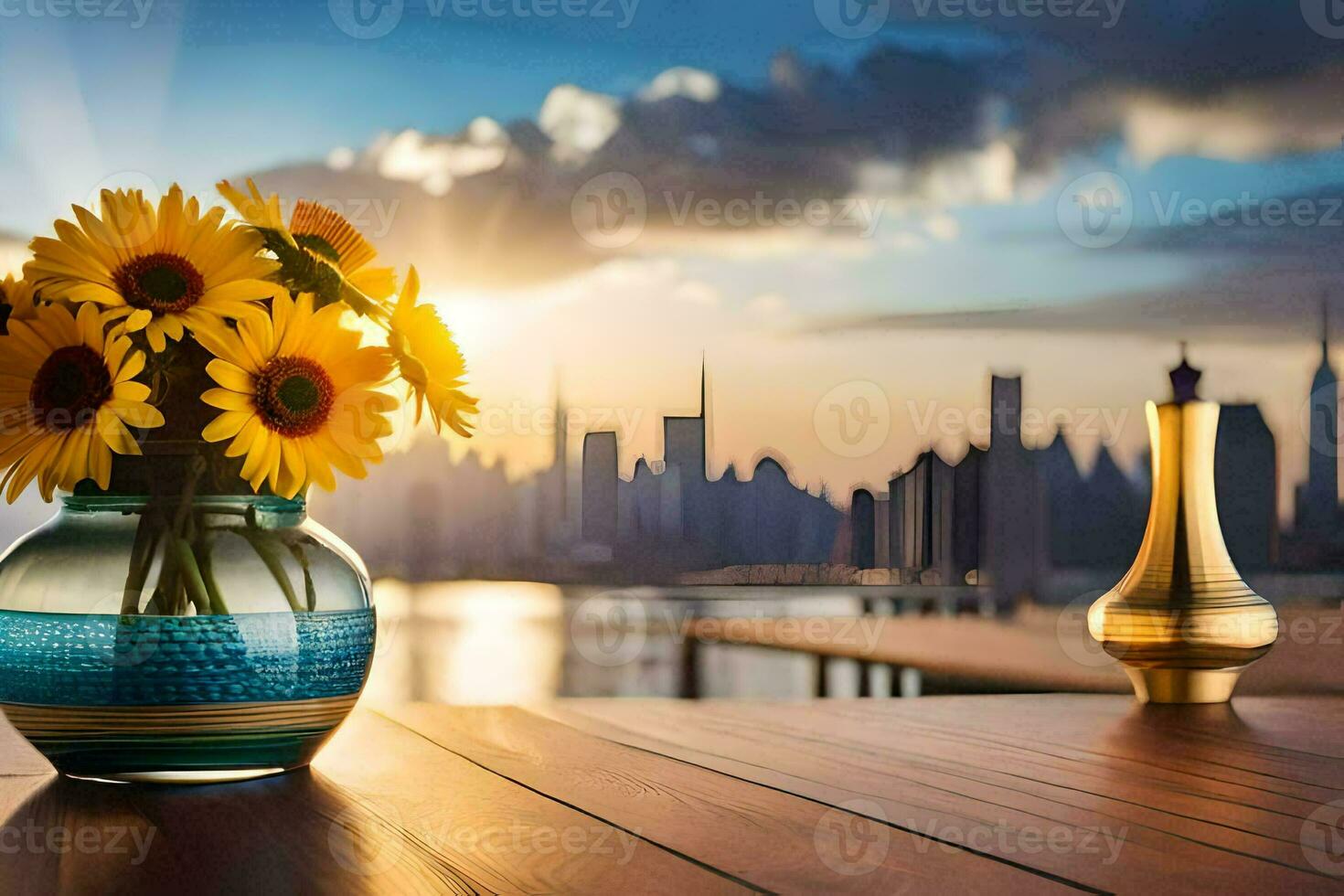 sunflowers in a vase on a table with a cityscape in the background. AI-Generated photo