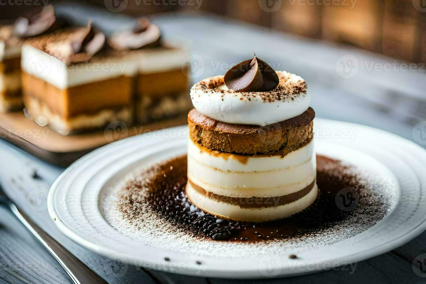 a dessert on a plate with a fork. AI-Generated photo