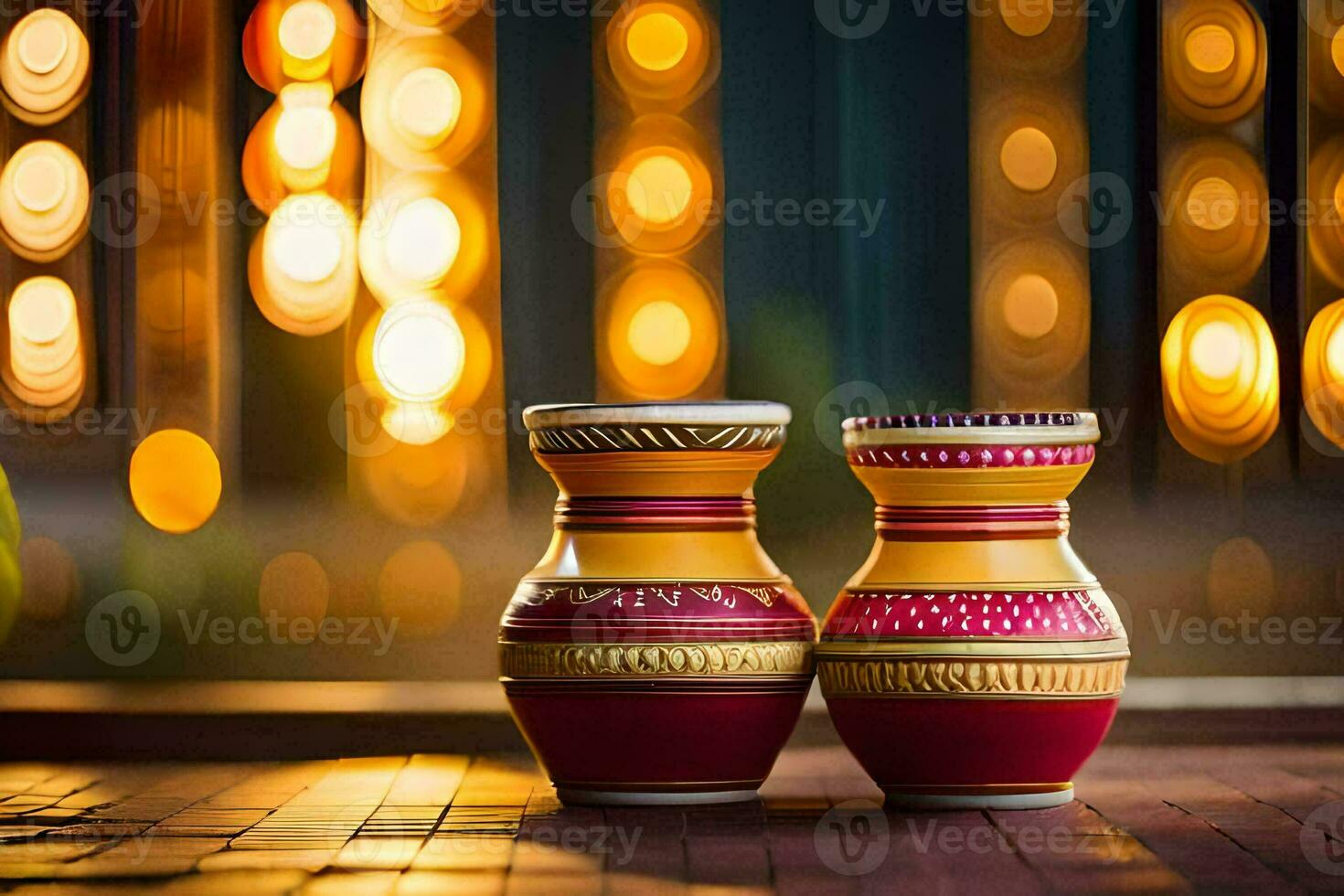 two colorful vases sit on a wooden table. AI-Generated photo