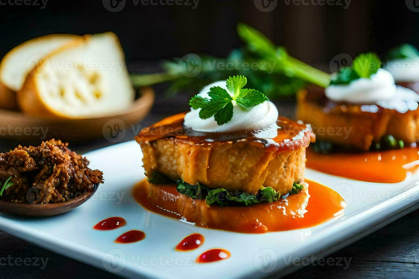 three small plates with food on them. AI-Generated photo