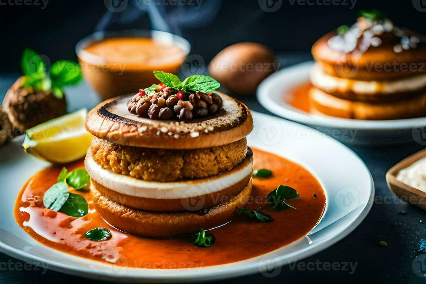a stack of pancakes with sauce and garnish. AI-Generated photo