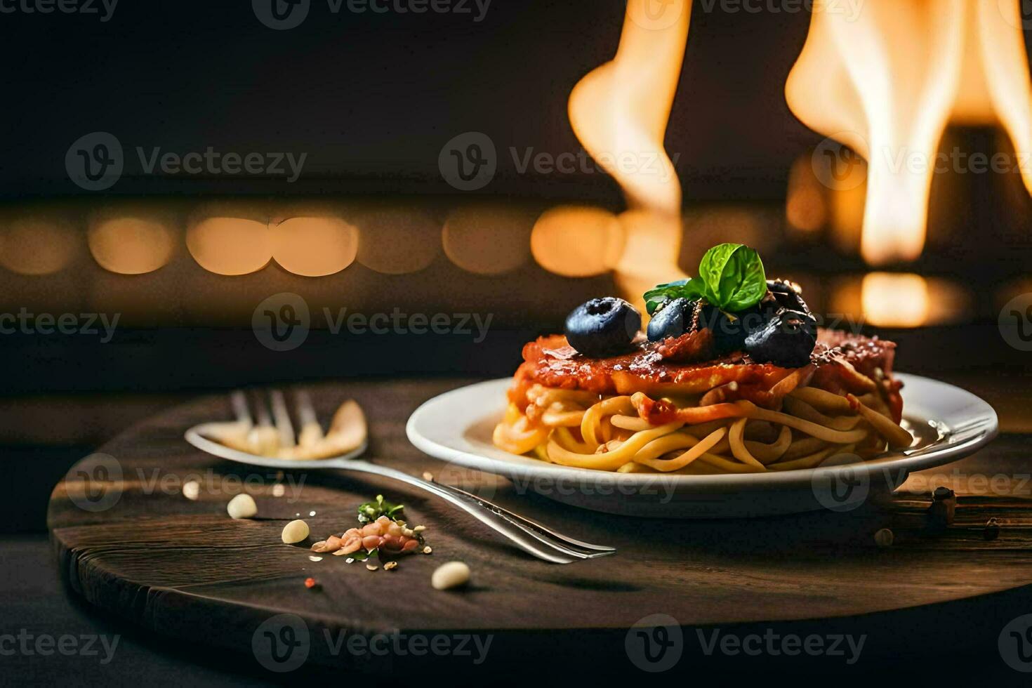 spaghetti with tomato sauce and blueberries on a plate. AI-Generated photo
