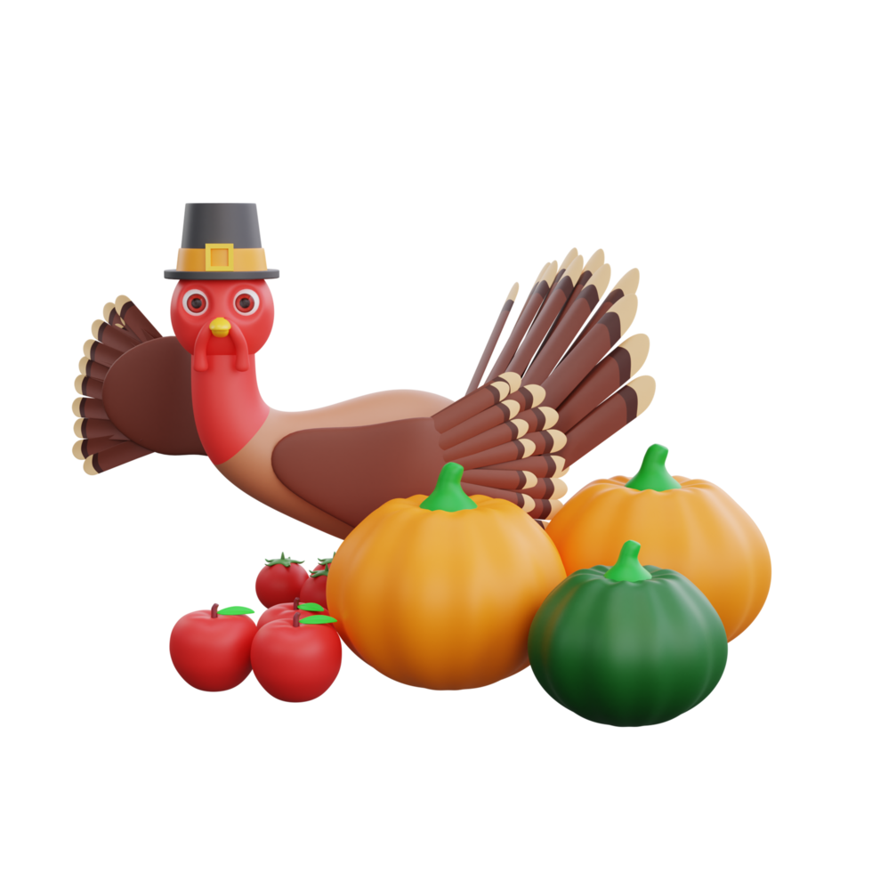 3d Thanksgiving Turkey say hello with Vegetables around png
