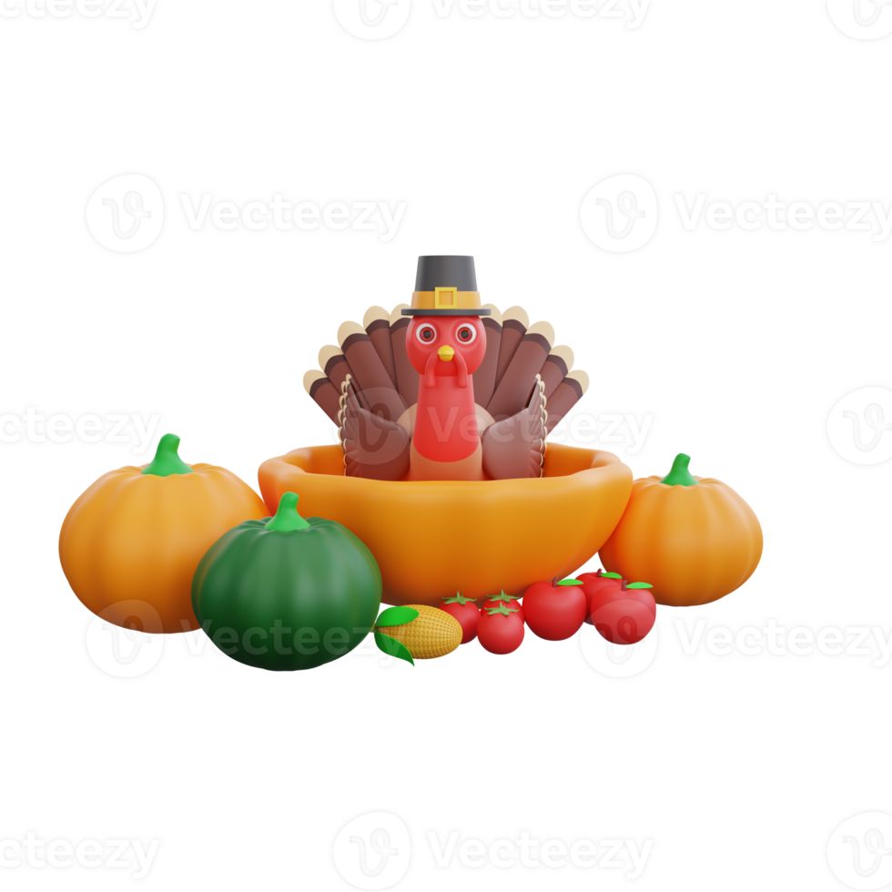 3d Thanksgiving Turkey inside the pumpkin and Vegetables around png