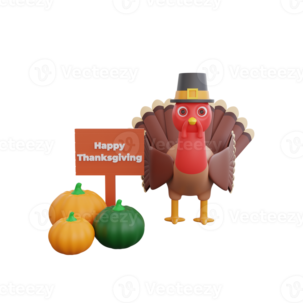 3D Thanksgiving turkey with a board that says Happy Thanksgiving surrounded by vegetables png