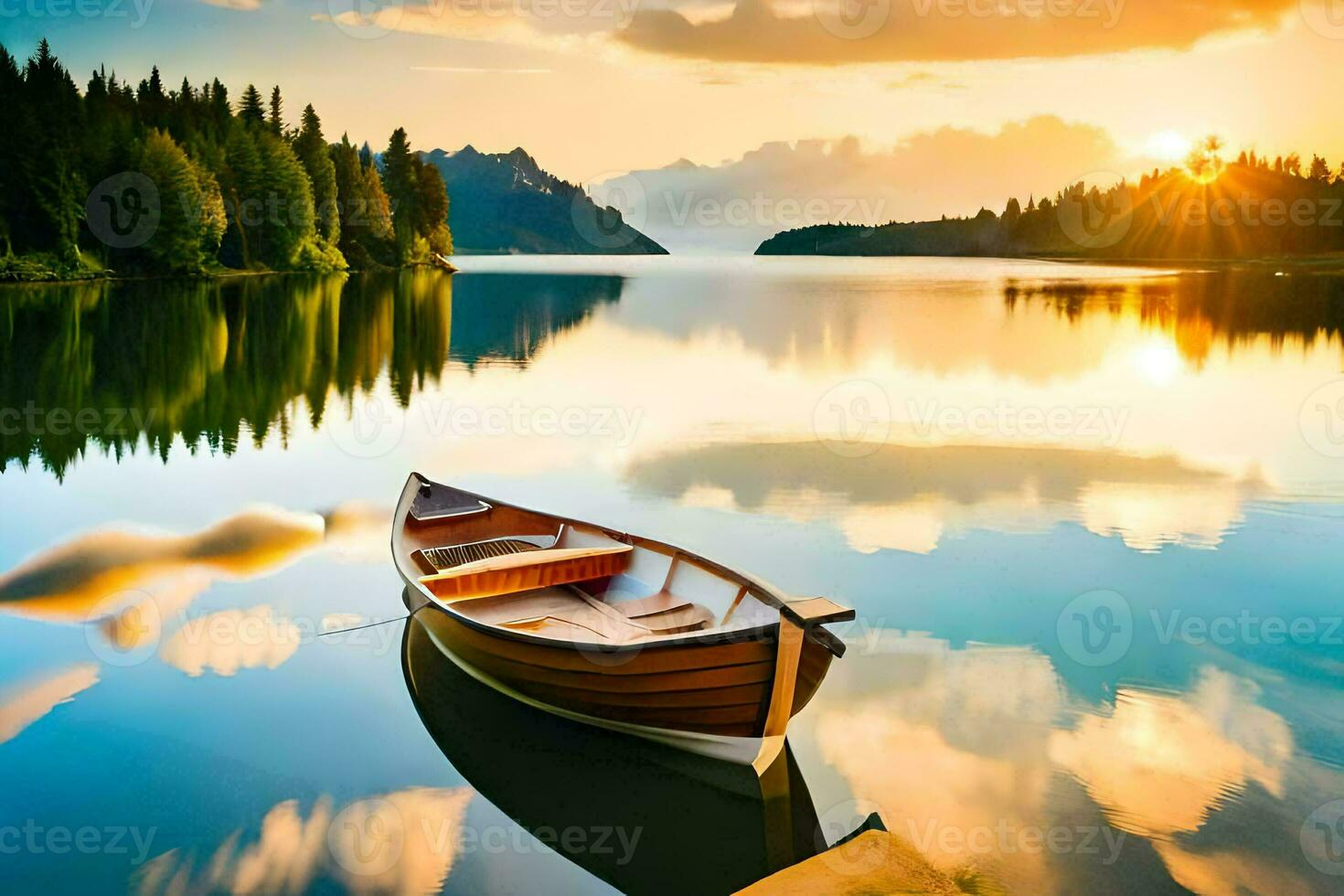 a boat floating on a lake at sunset. AI-Generated photo