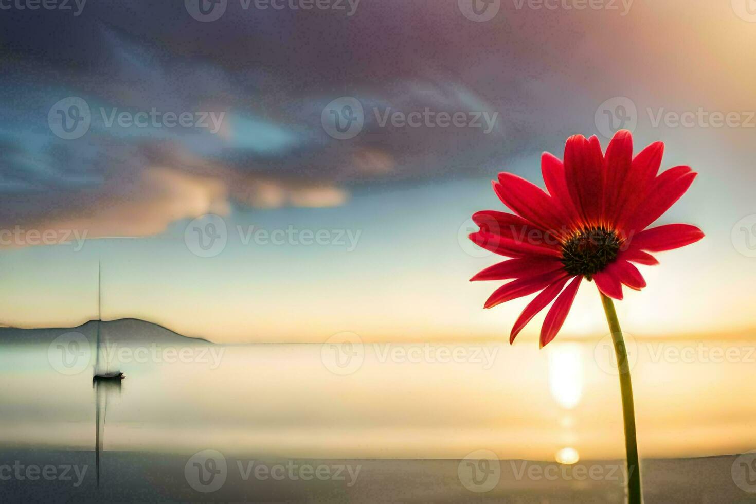 a red flower stands in front of a boat at sunset. AI-Generated photo