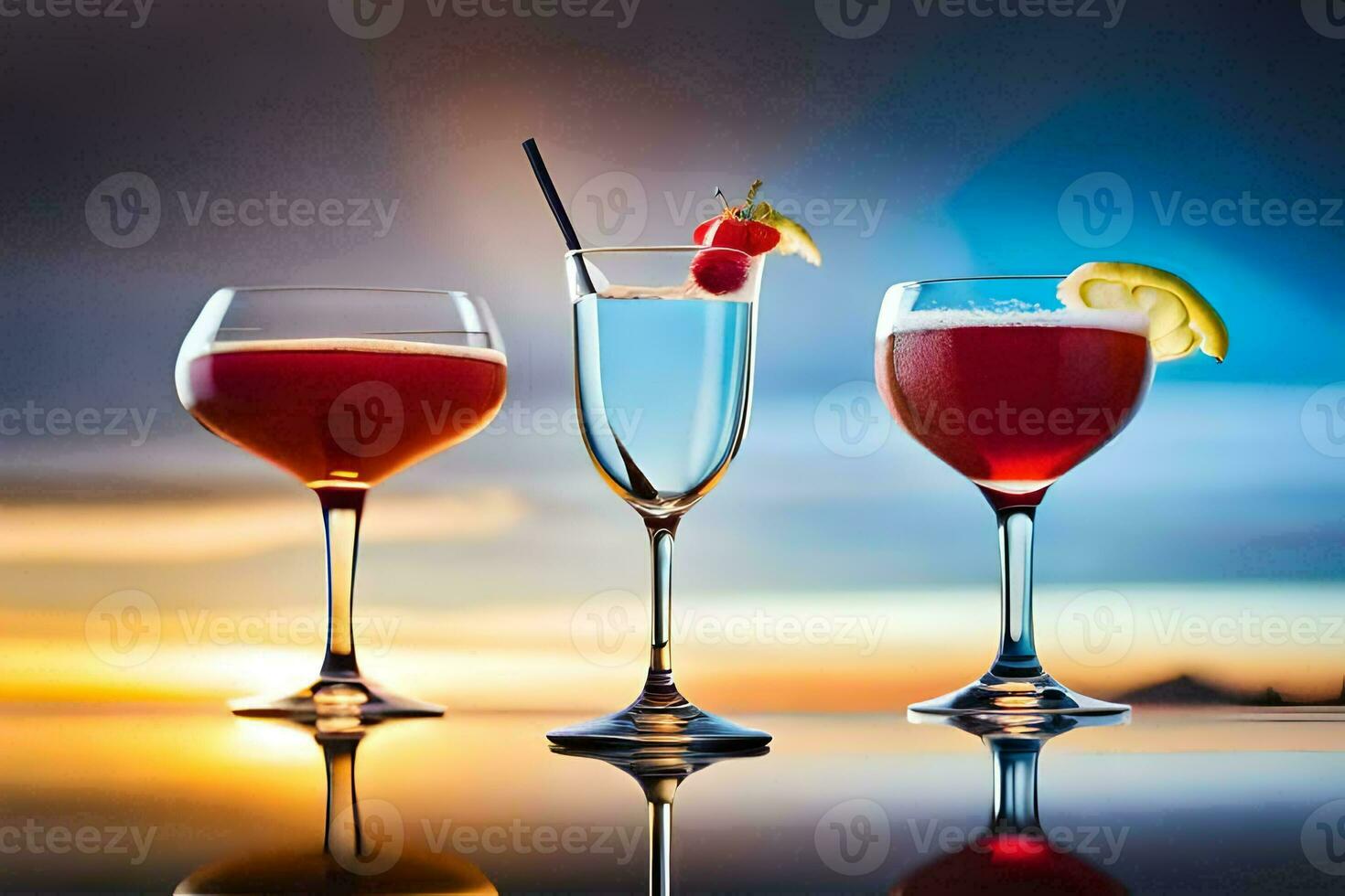 three glasses of different drinks with sunset in the background. AI-Generated photo