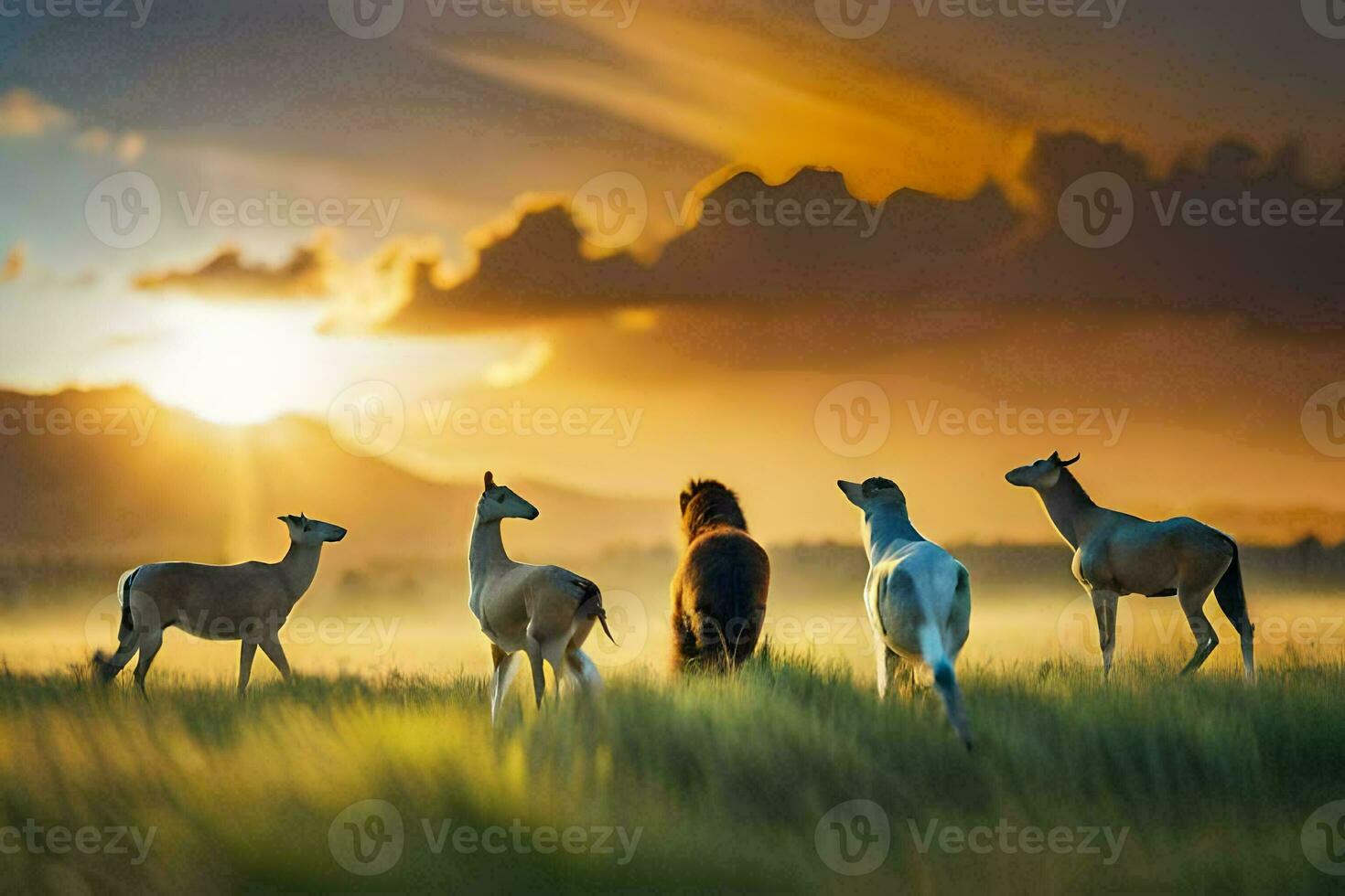 animals in the meadow, sunset, animals, animals in the meadow, animals in. AI-Generated photo