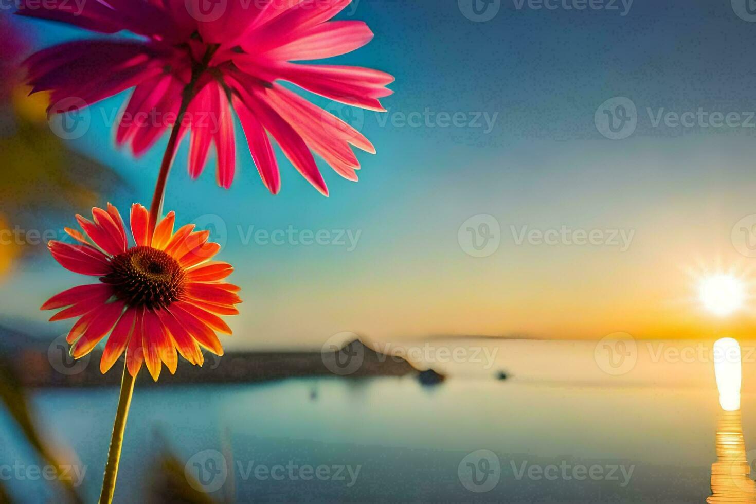 two pink flowers are in front of the sun. AI-Generated photo
