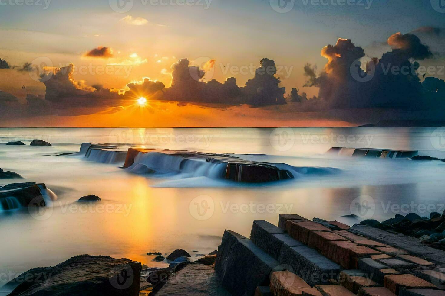 a beautiful sunset over the ocean with rocks and water. AI-Generated photo