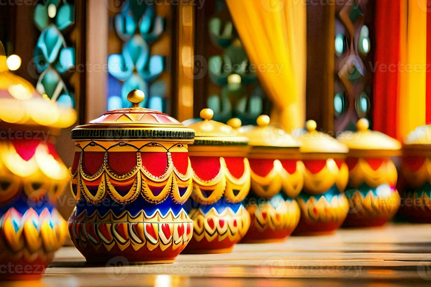 colorful pots lined up in a row. AI-Generated photo