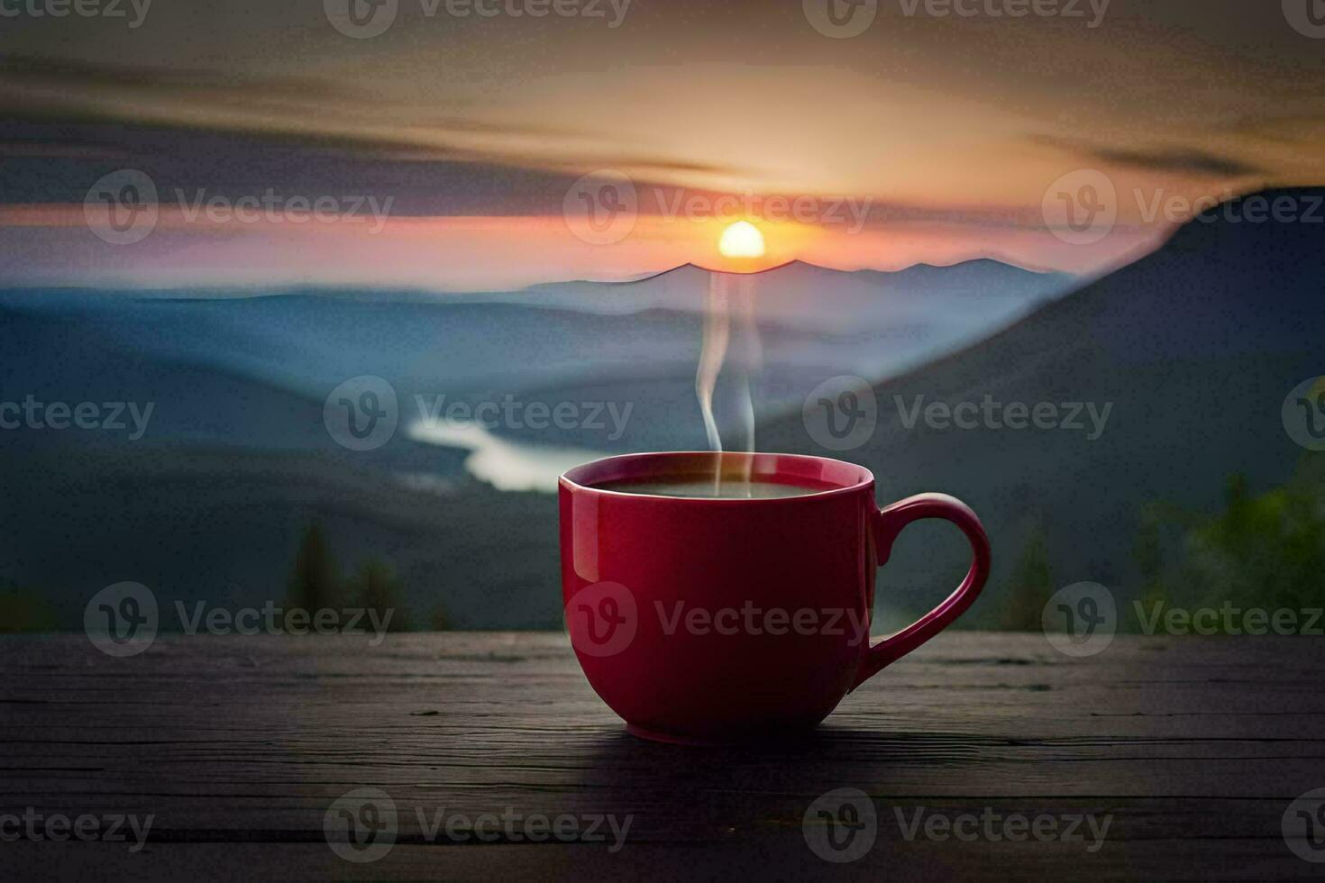 a cup of coffee on a wooden table in front of a beautiful mountain view. AI-Generated photo