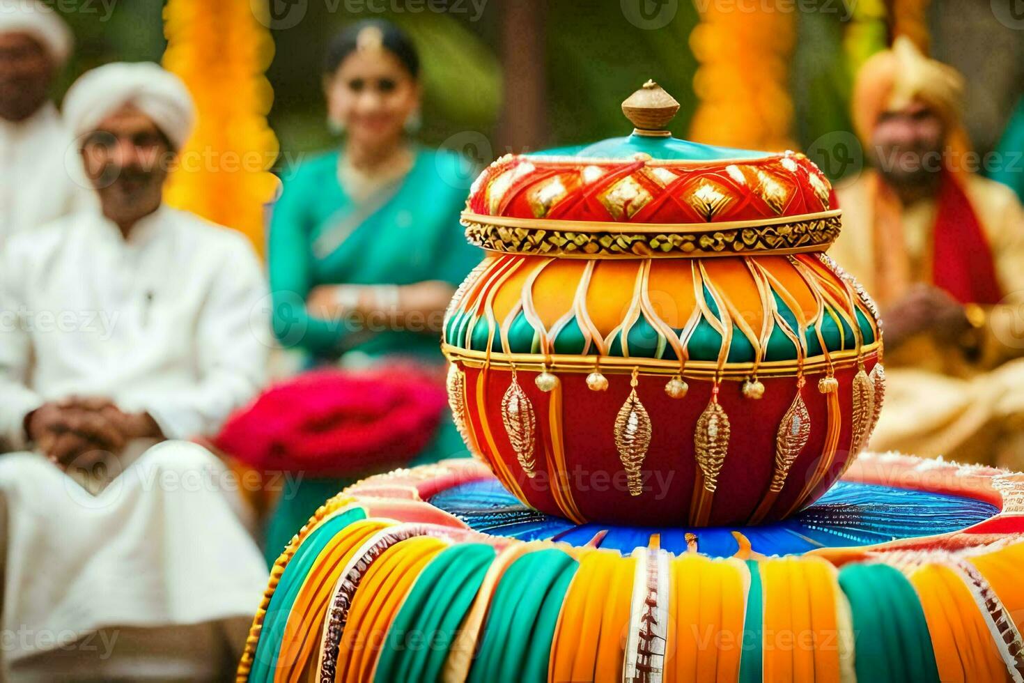 a colorful pot with a lid on top of a table. AI-Generated photo