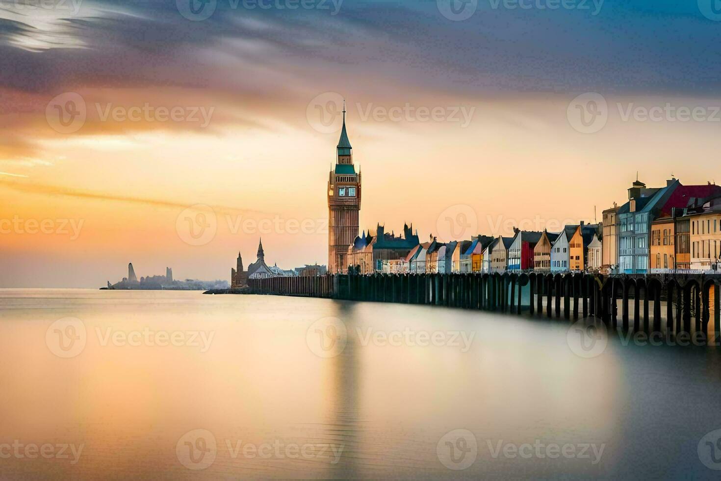 the sunset over the water and a clock tower. AI-Generated photo