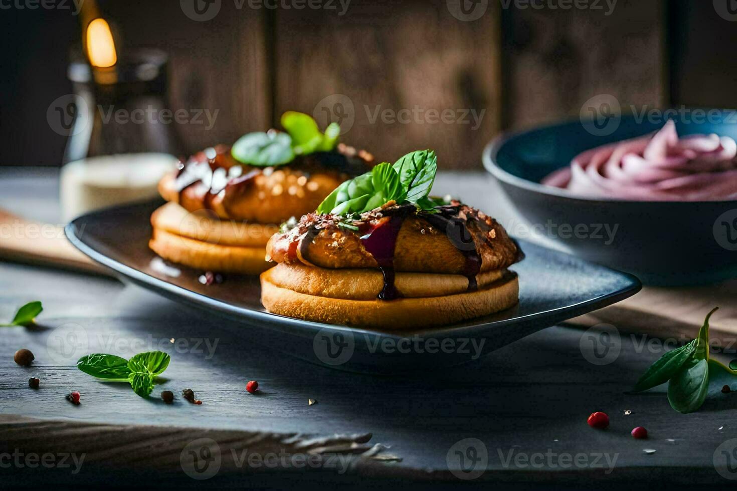 two donuts on a plate with a bowl of yogurt. AI-Generated photo