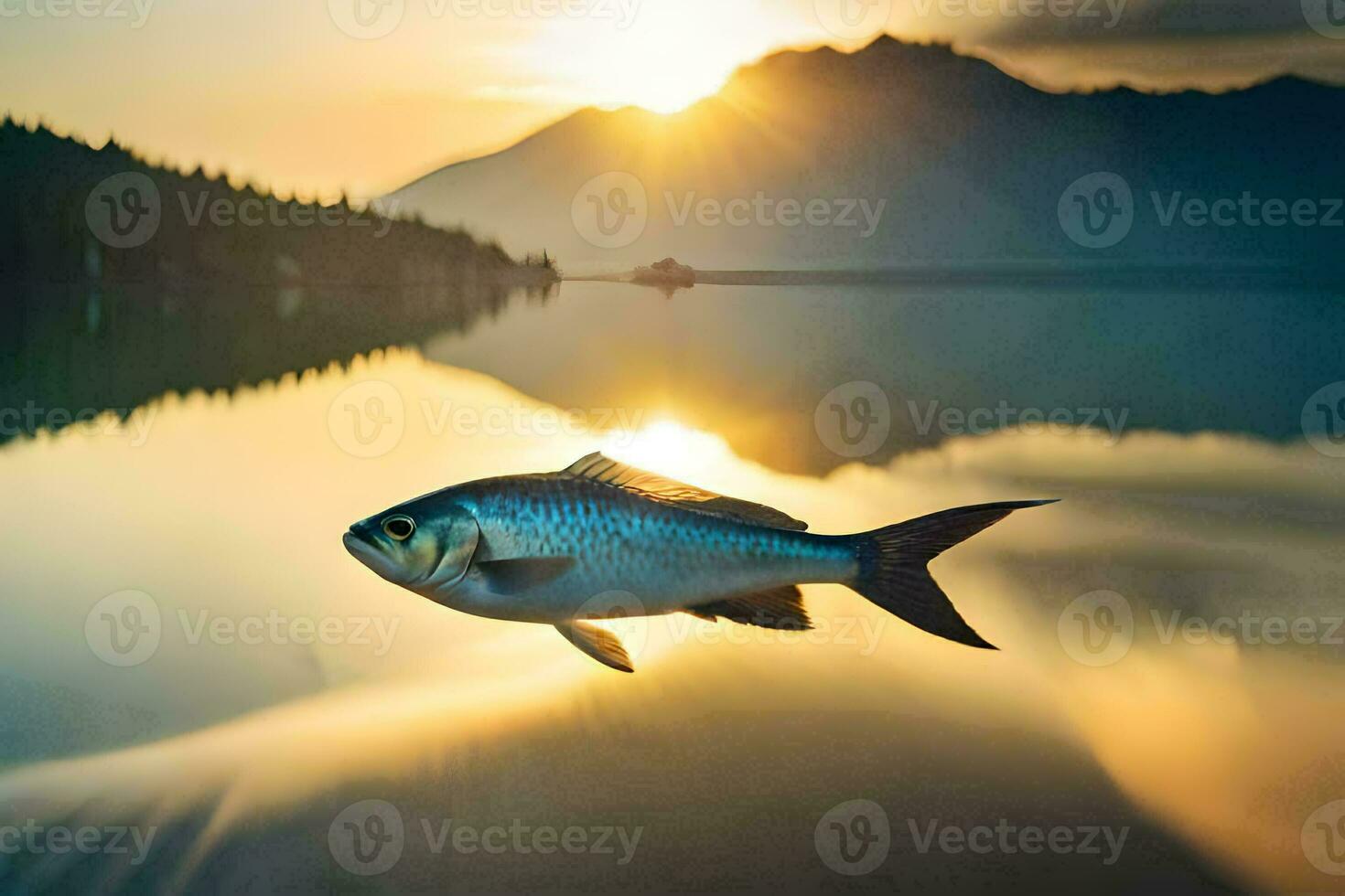 a fish is swimming in the water at sunset. AI-Generated photo