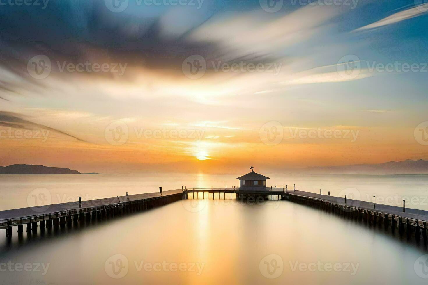 a long exposure photograph of a pier at sunset. AI-Generated photo