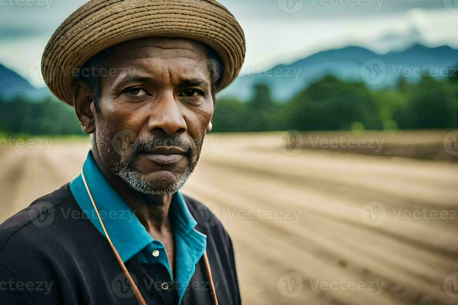 a man in a hat stands in a field. AI-Generated photo