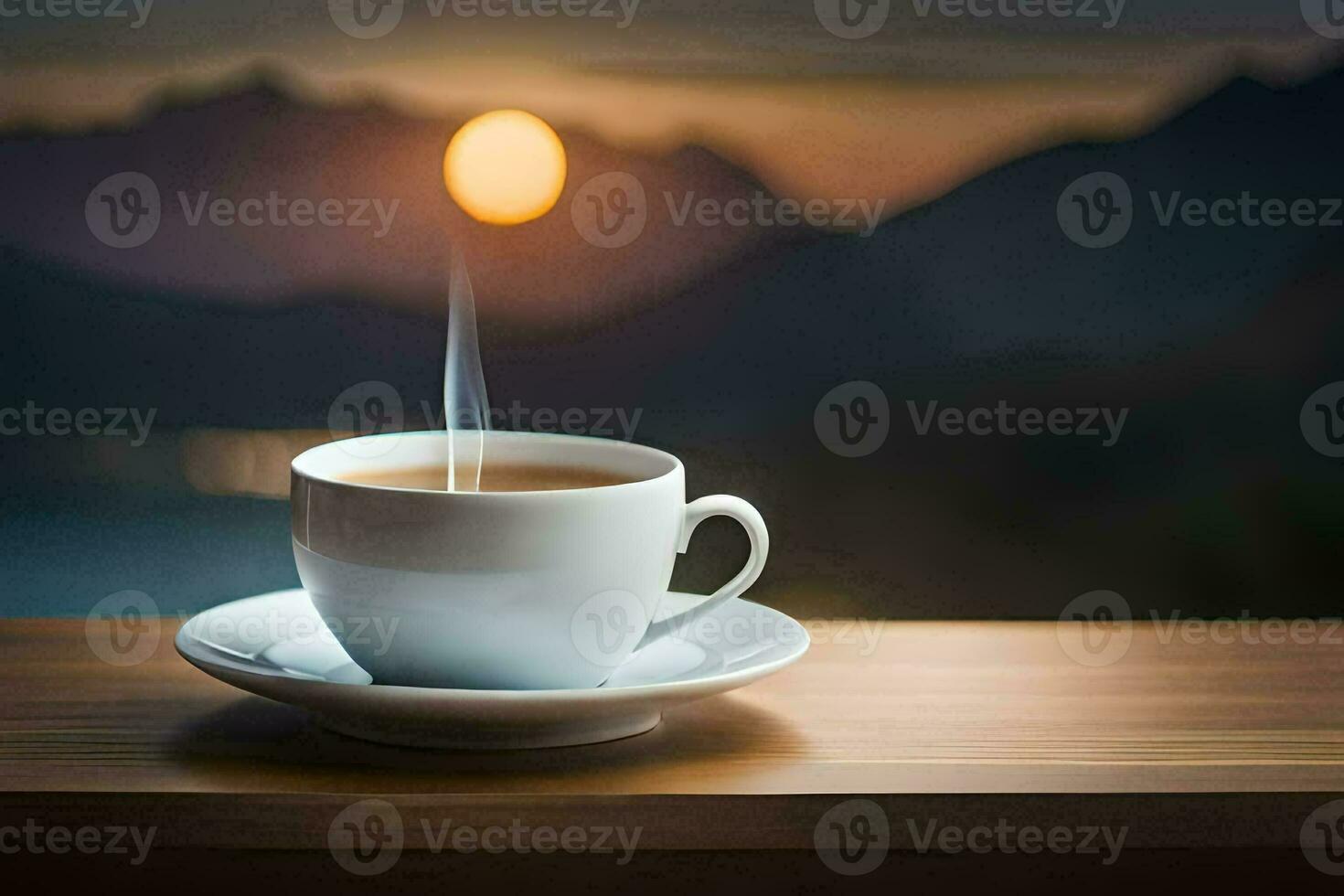 a cup of coffee on a table in front of a mountain view. AI-Generated photo