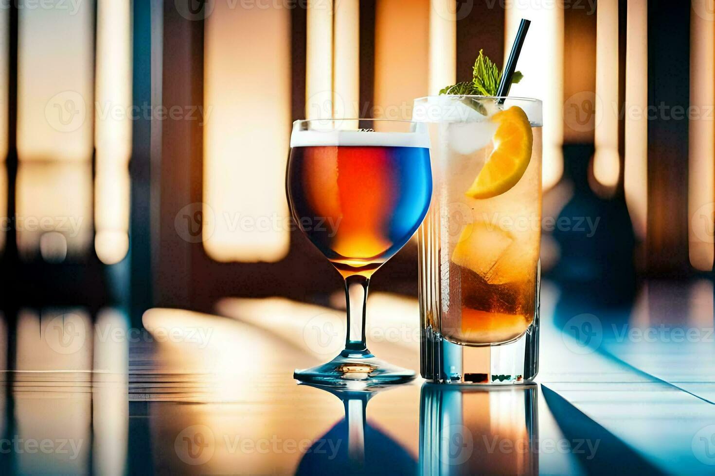 two glasses of alcohol with ice and lemon slices. AI-Generated photo
