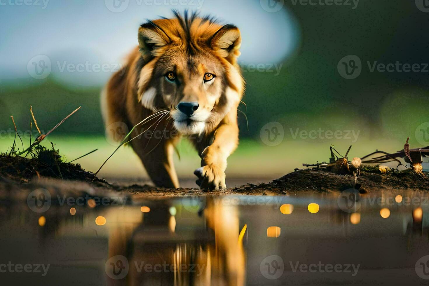 a lion walking across the water. AI-Generated photo