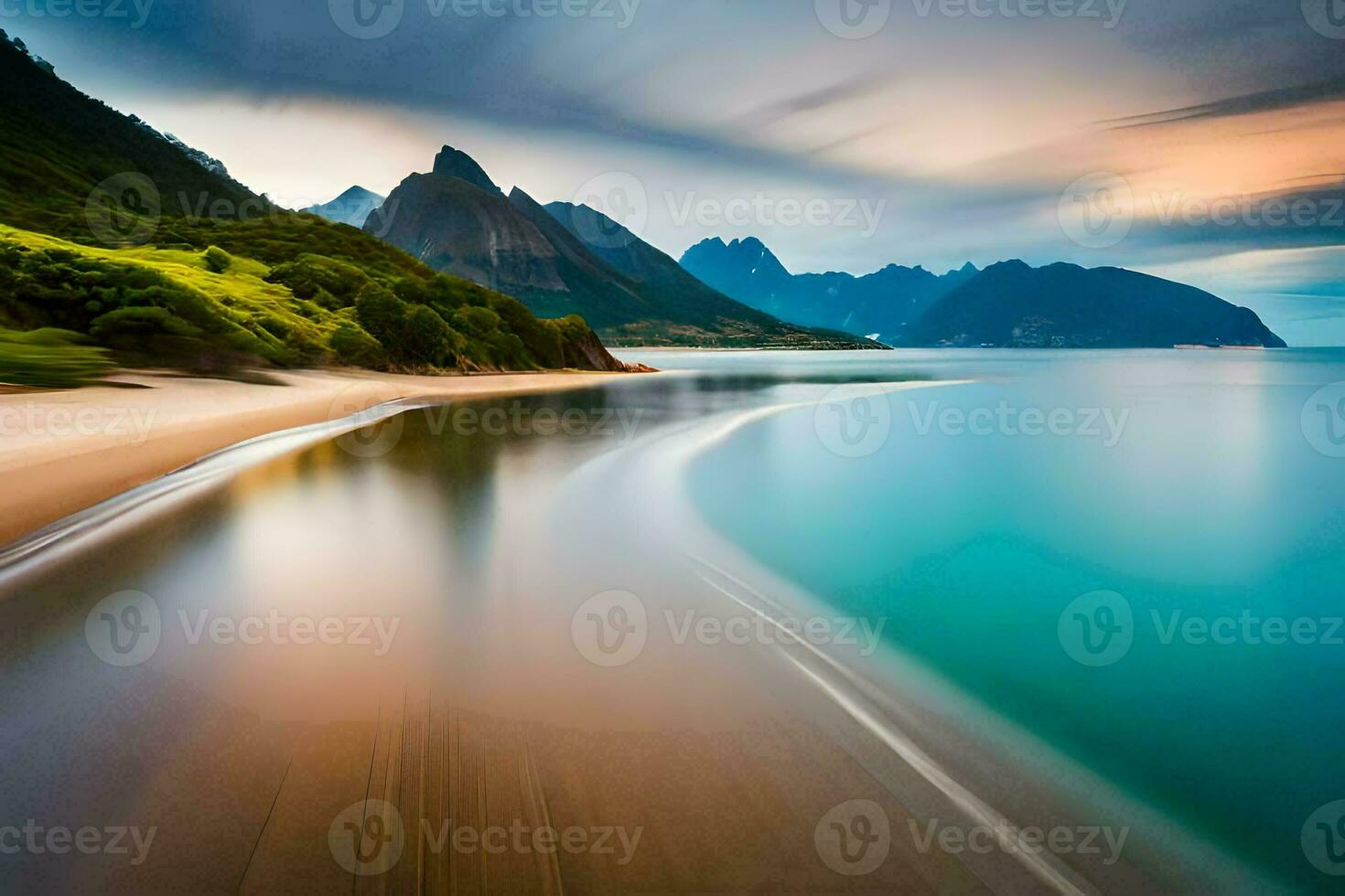a long exposure photograph of a beach and mountains. AI-Generated photo