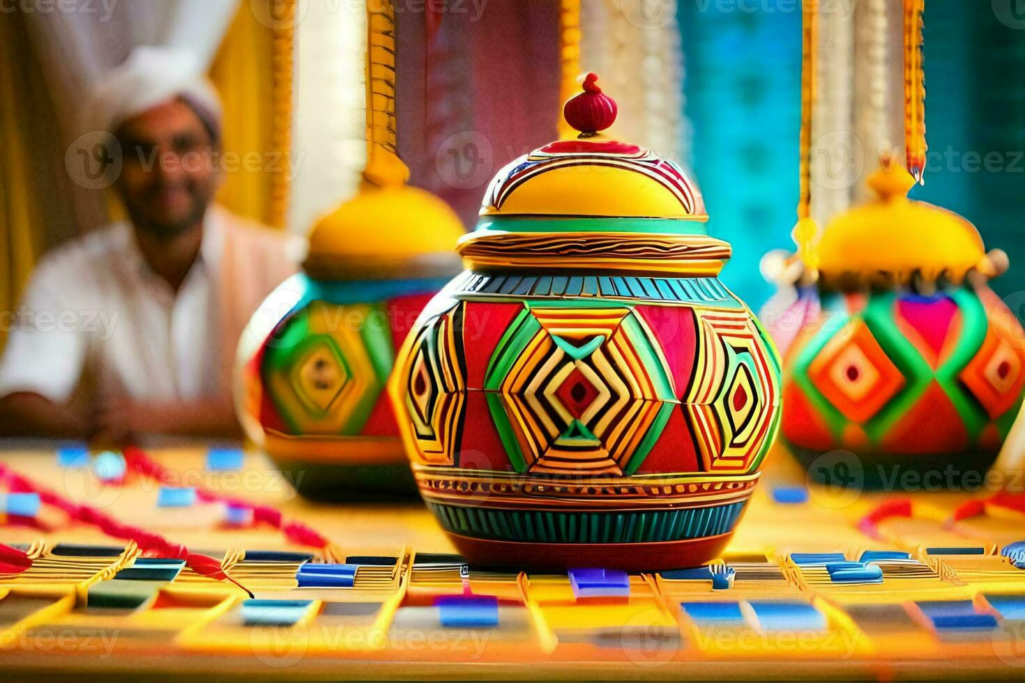 colorful vases on a table with a man behind them. AI-Generated photo