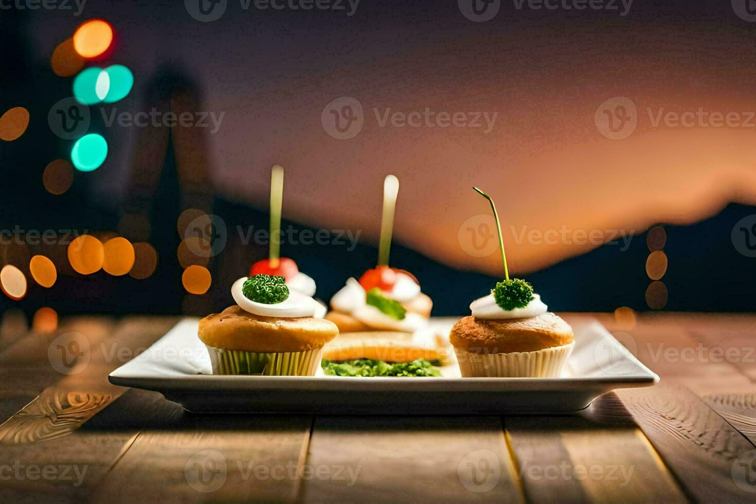 three mini cupcakes on a plate with a light background. AI-Generated photo