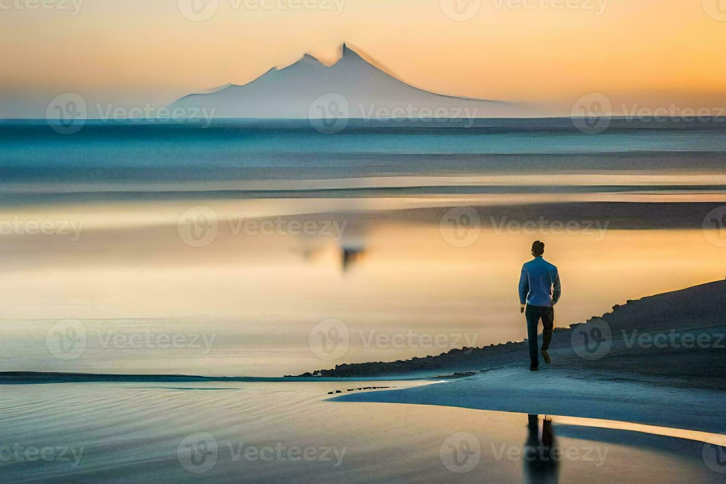 a man standing on the beach at sunset. AI-Generated photo