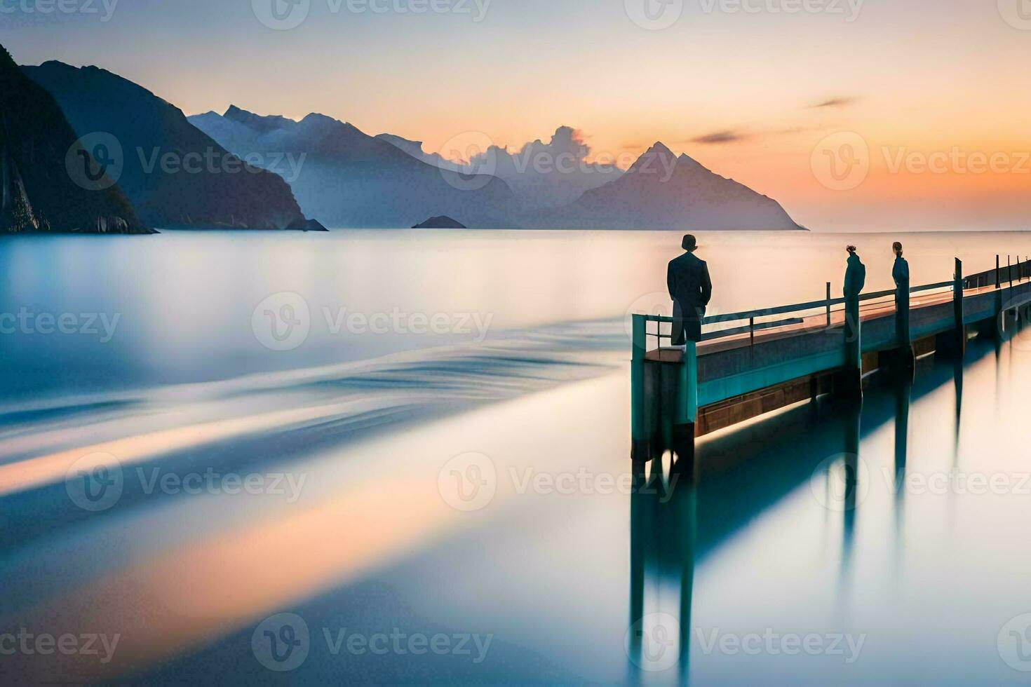 two people stand on a pier looking at the ocean at sunset. AI-Generated photo