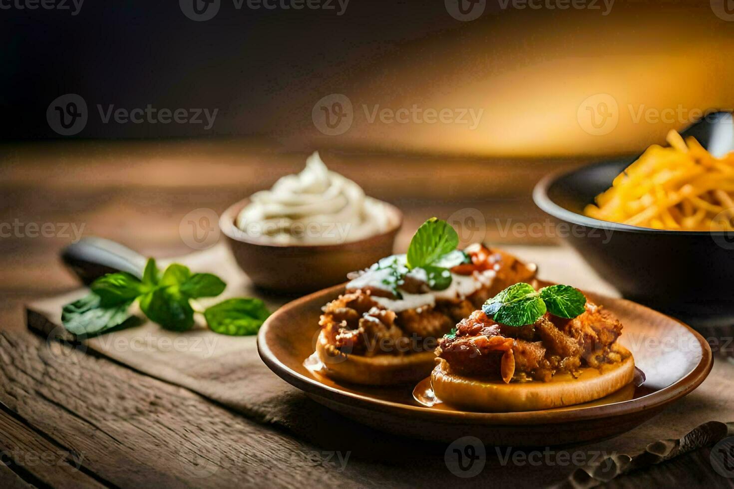 chicken and cheese on a plate with a bowl of chips. AI-Generated photo
