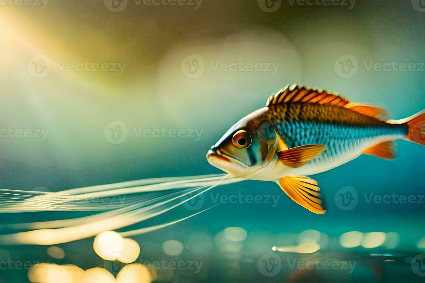 a fish is swimming in the water with a string. AI-Generated photo