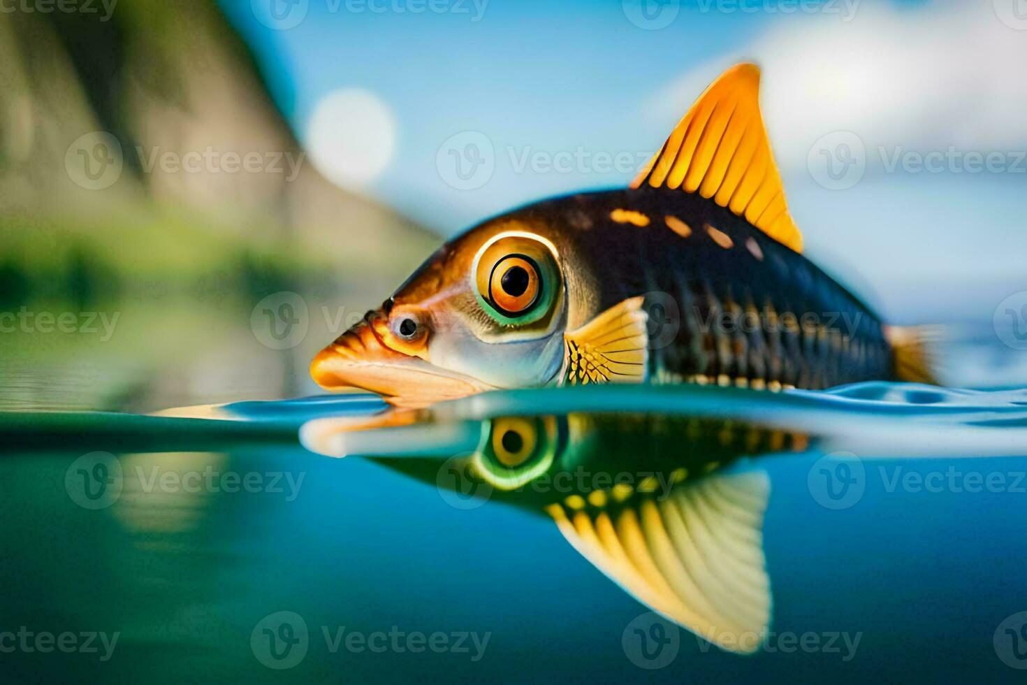 a fish with a big eye is swimming in the water. AI-Generated photo