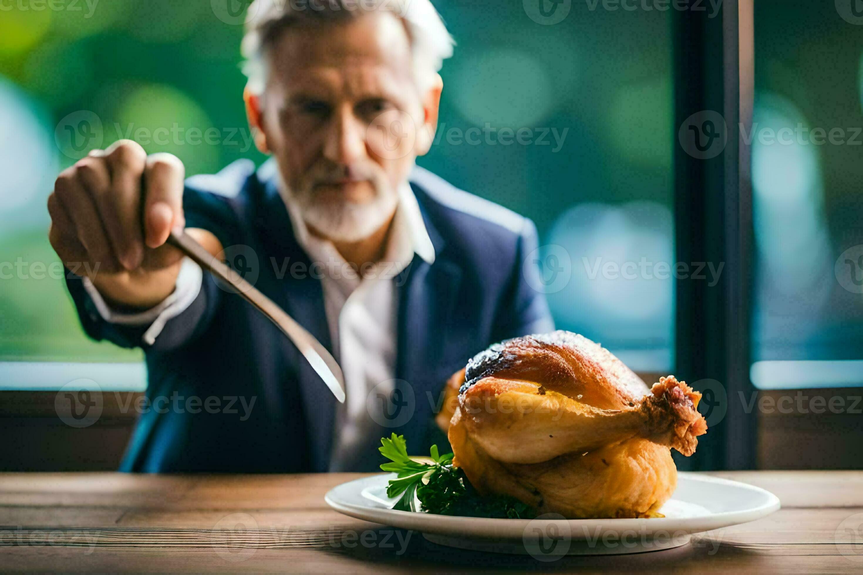 a man in a suit holding a knife and fork over a roasted chicken. AI