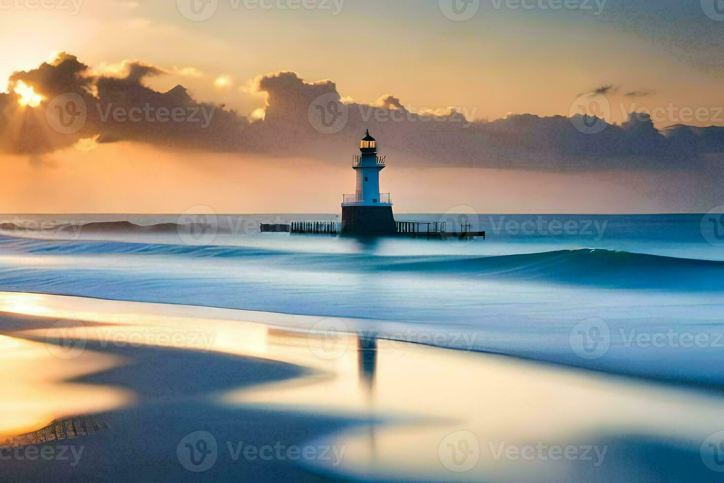 a lighthouse stands on the beach at sunset. AI-Generated photo