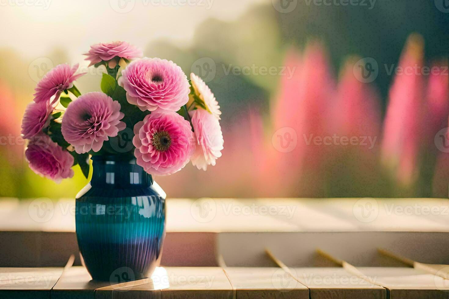 pink flowers in a blue vase on a piano bench. AI-Generated photo