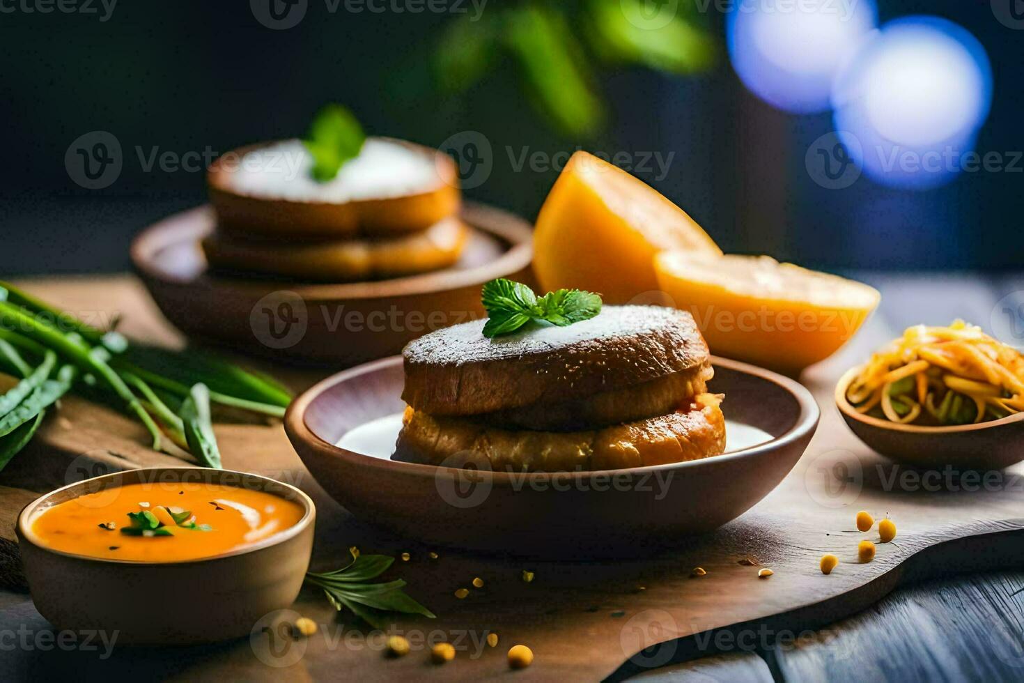 food on a wooden table with orange slices and other ingredients. AI-Generated photo