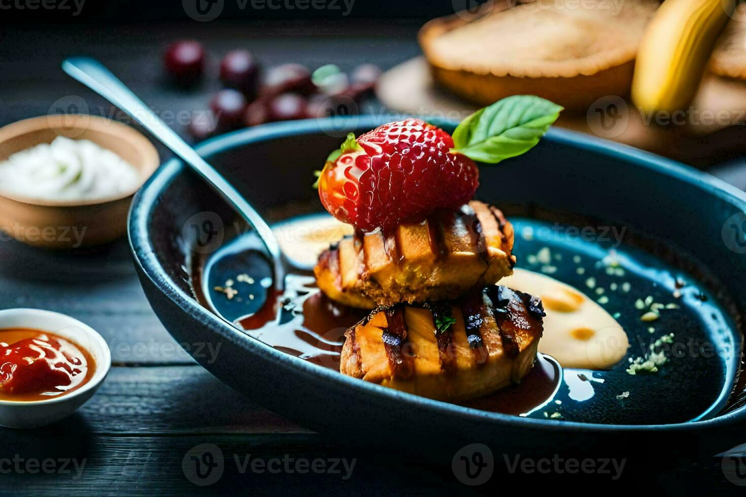 grilled chicken with strawberries and sauce on a black plate. AI-Generated photo