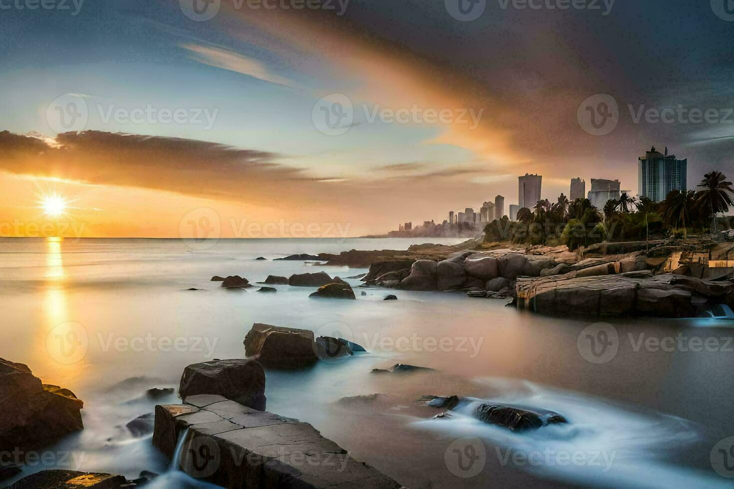 the sun sets over the city skyline in this photo. AI-Generated photo