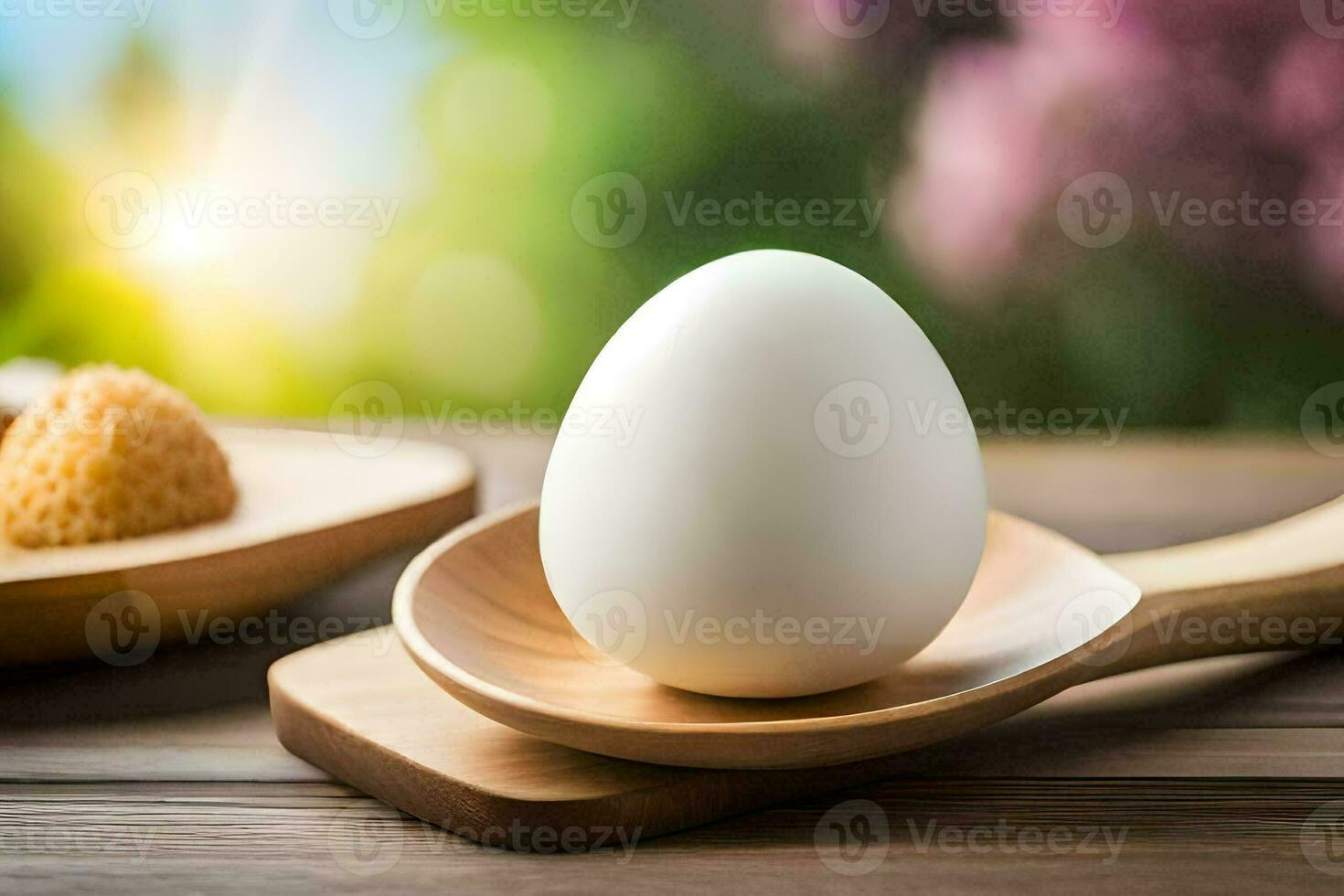 an egg on a wooden spoon with honey. AI-Generated photo