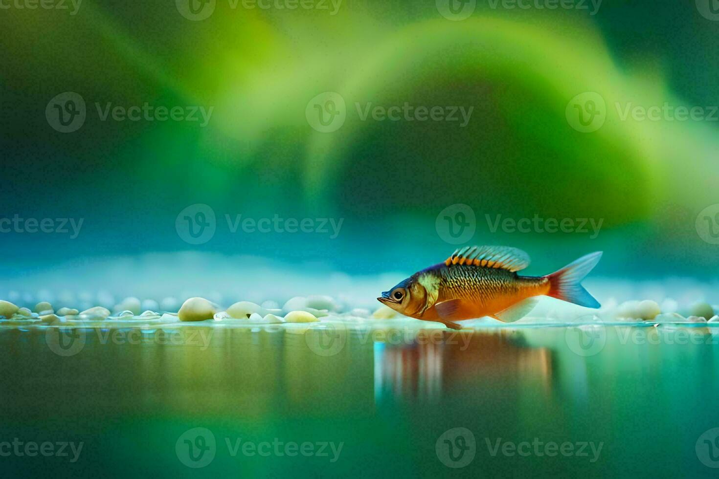 a small fish is standing on the water with a green background. AI-Generated photo