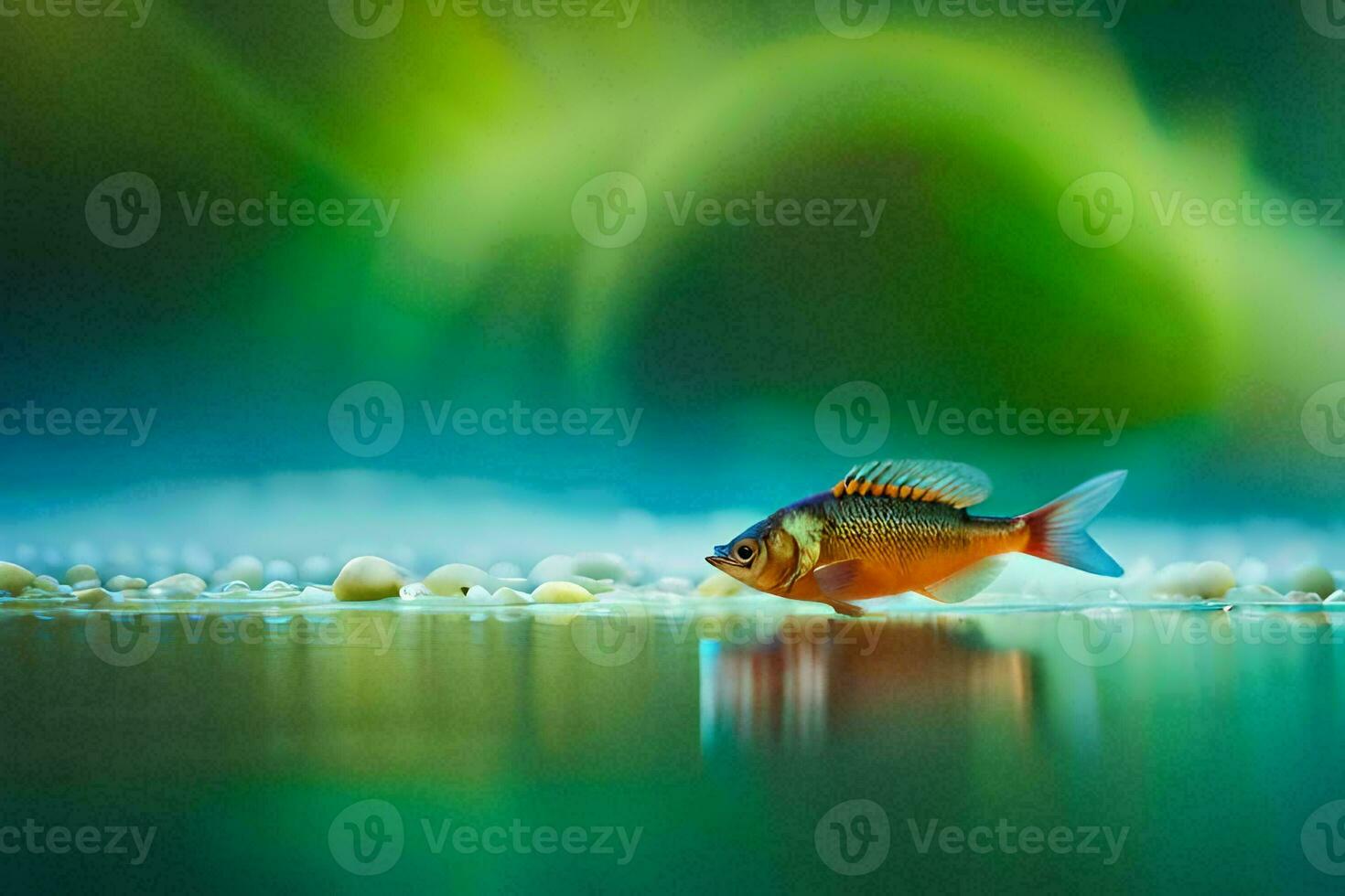 un pequeño pescado es en pie en el agua con un verde antecedentes. generado por ai foto