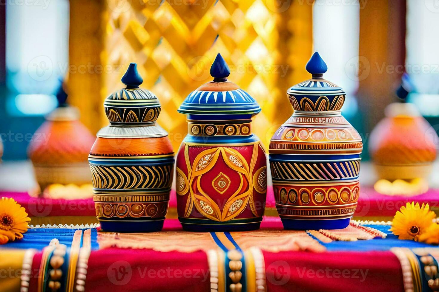 colorful vases on a table with flowers. AI-Generated photo