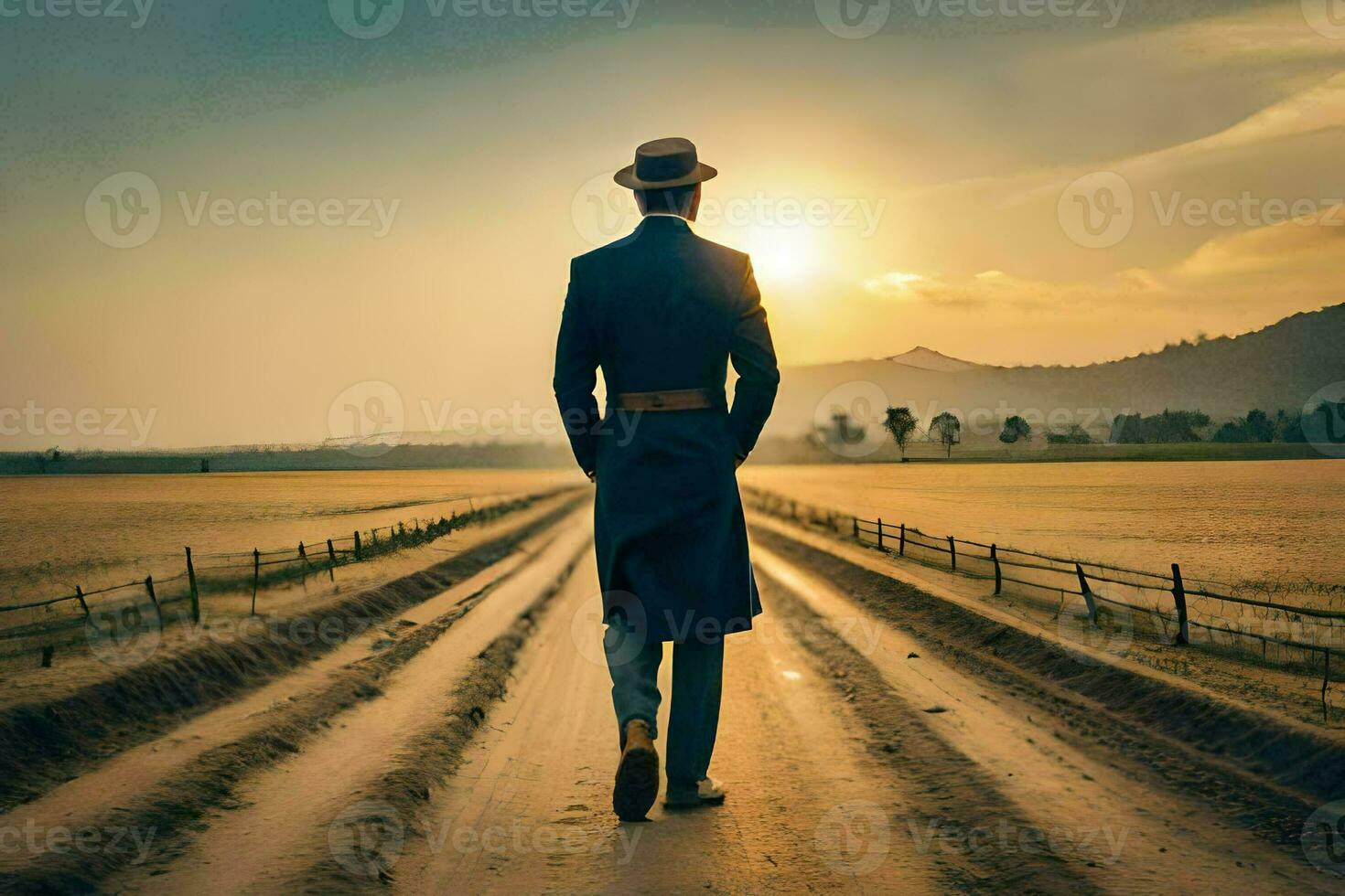 a man in a suit and hat walking down a dirt road. AI-Generated photo