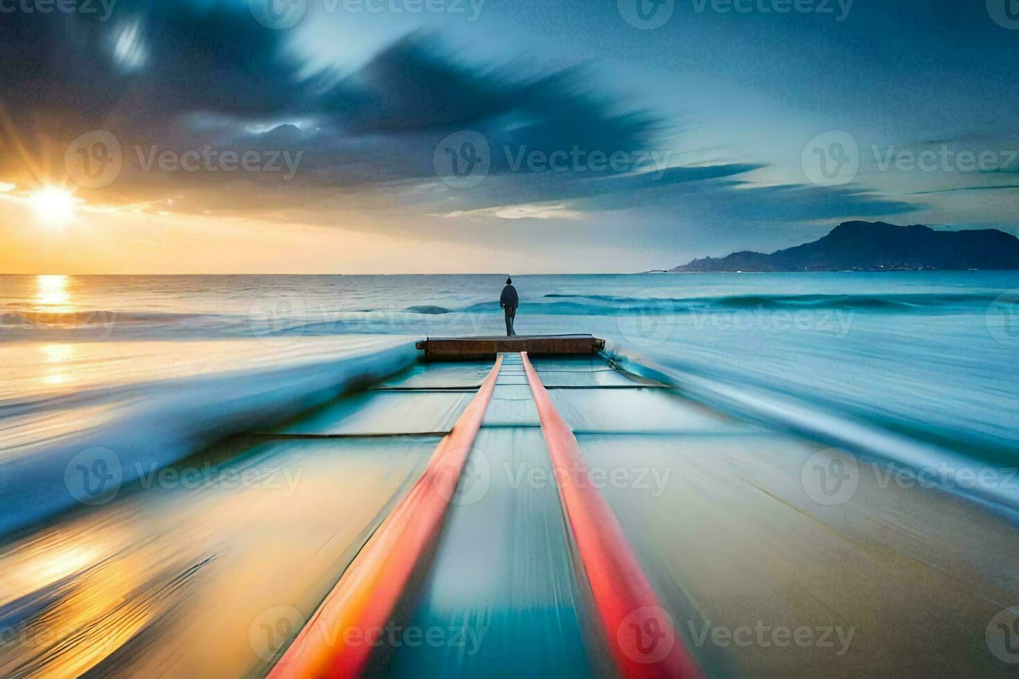 a man is standing on a jetty at the ocean. AI-Generated photo
